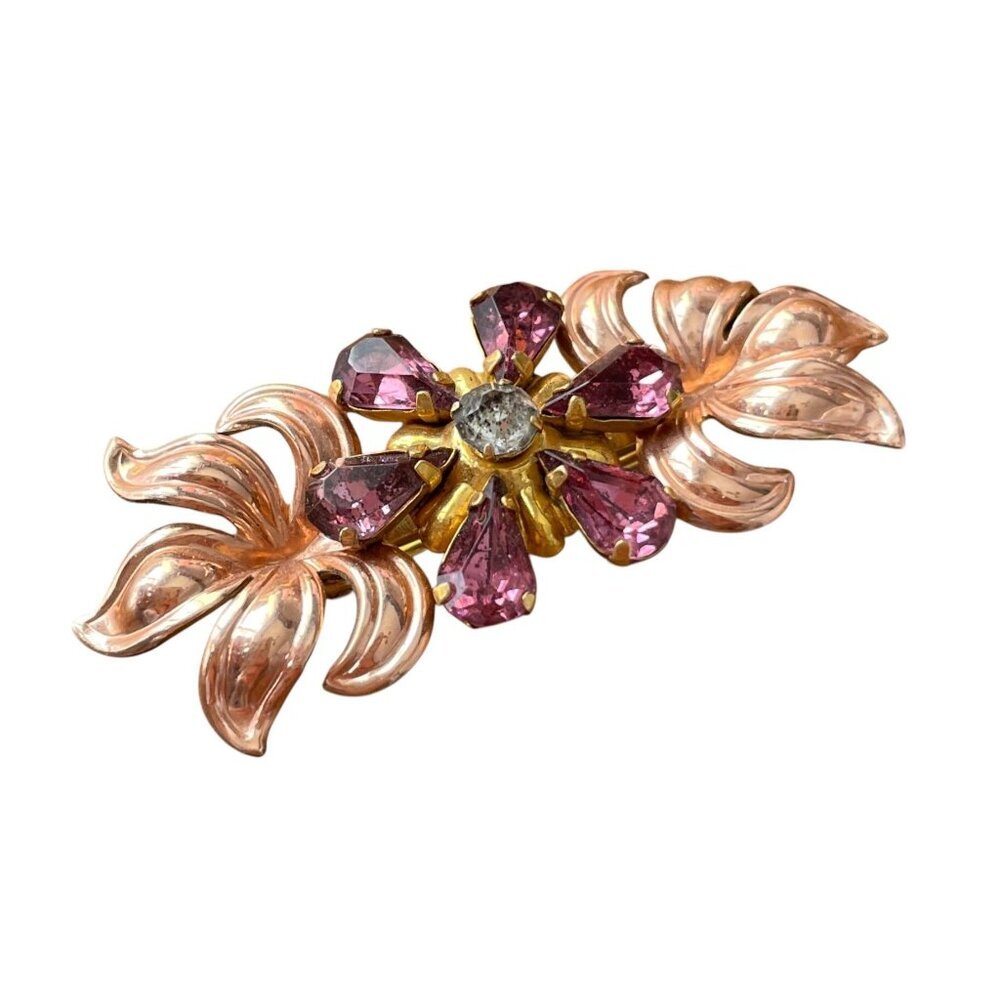 Van Dell Gold Filled Pink Rhinestone Floral Brooch Vintage